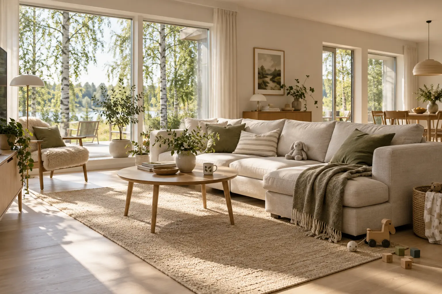 Illustrative bright Nordic family living room with birch trees outside