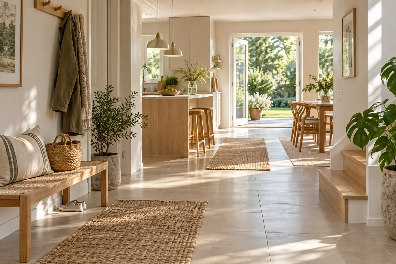 Illustrative airy Nordic hallway opening onto a kitchen and garden