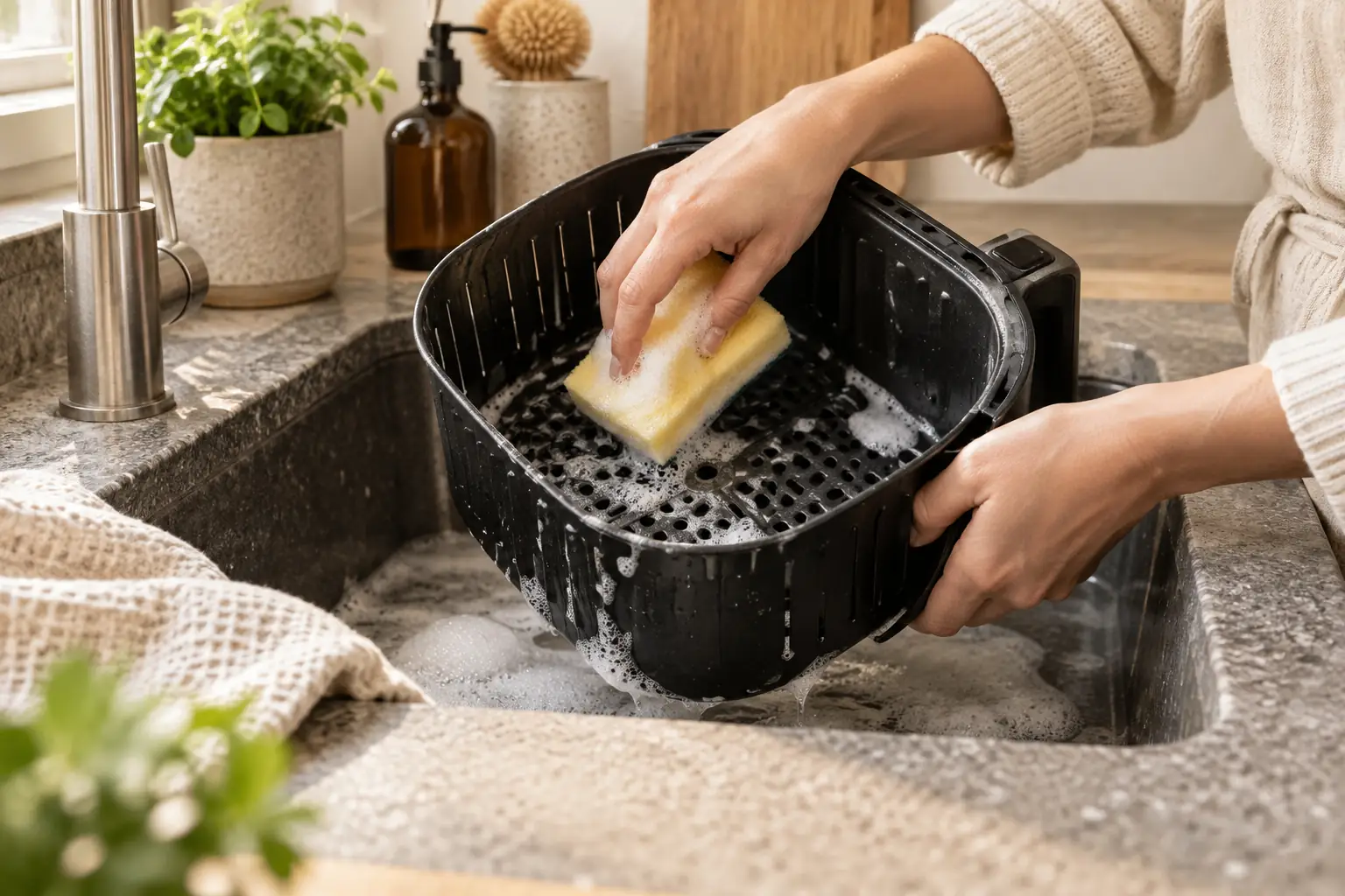 Irrotettua pinnoitettua airfryer-astiaa pestään pehmeällä sienellä