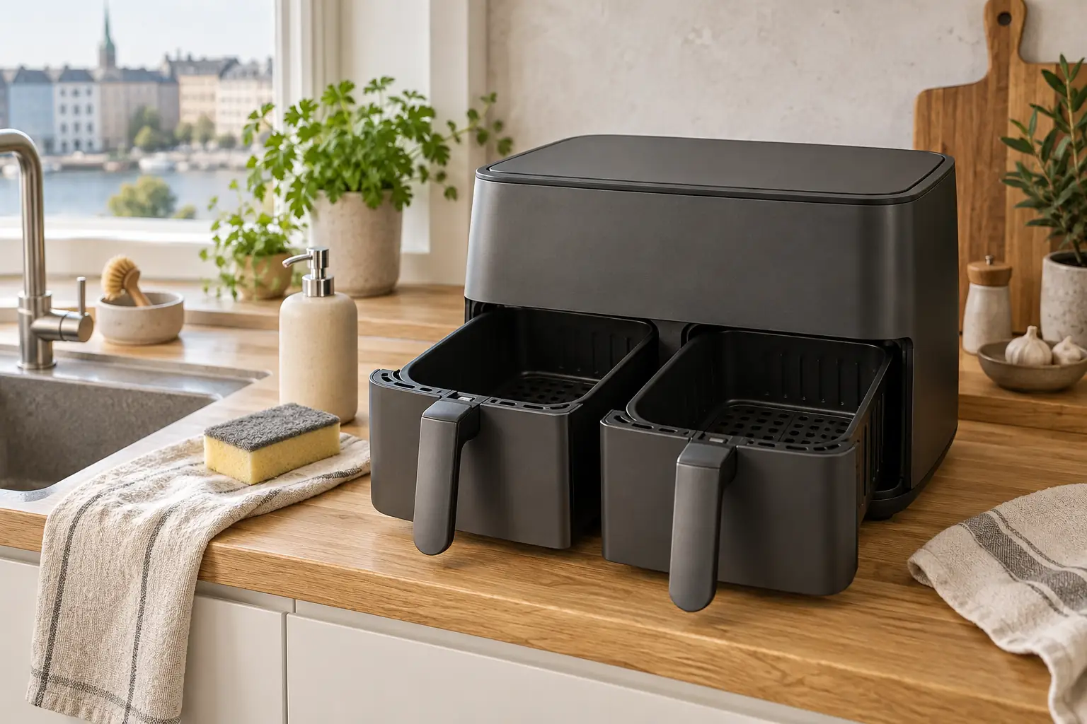 Open dual-basket air fryer beside a soft cloth in a light kitchen