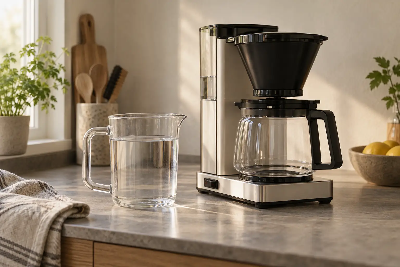 Clear measuring jug beside an empty filter-coffee carafe