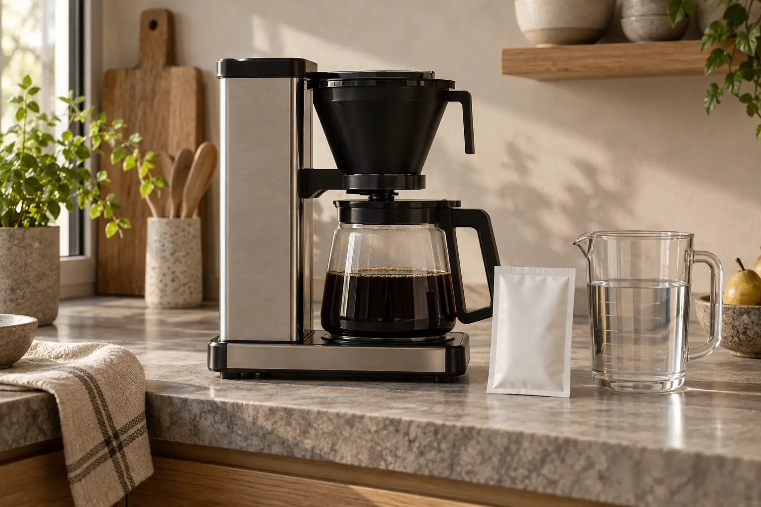 Filter coffee maker, measuring jug and descaling supplies on a kitchen counter