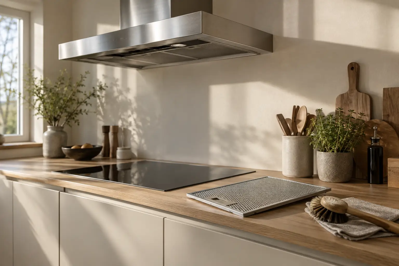 A stainless-steel cooker hood above a black hob, with a removable mesh filter and soft tools on the counter.