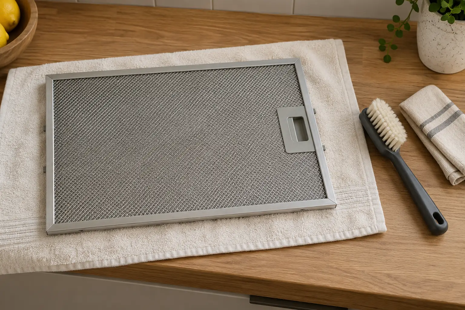A rectangular metal cooker-hood grease filter on a towel beside a soft brush.