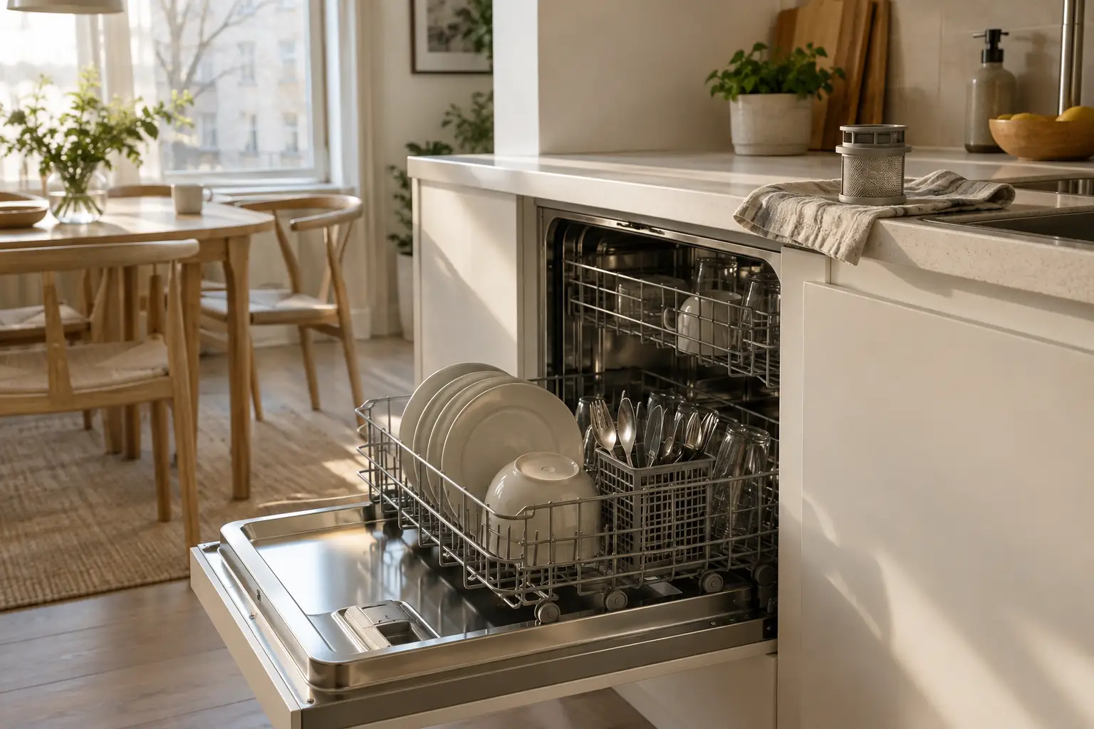 An open dishwasher beneath a cream kitchen counter, with its lower rack pulled forward and a filter on a cloth.