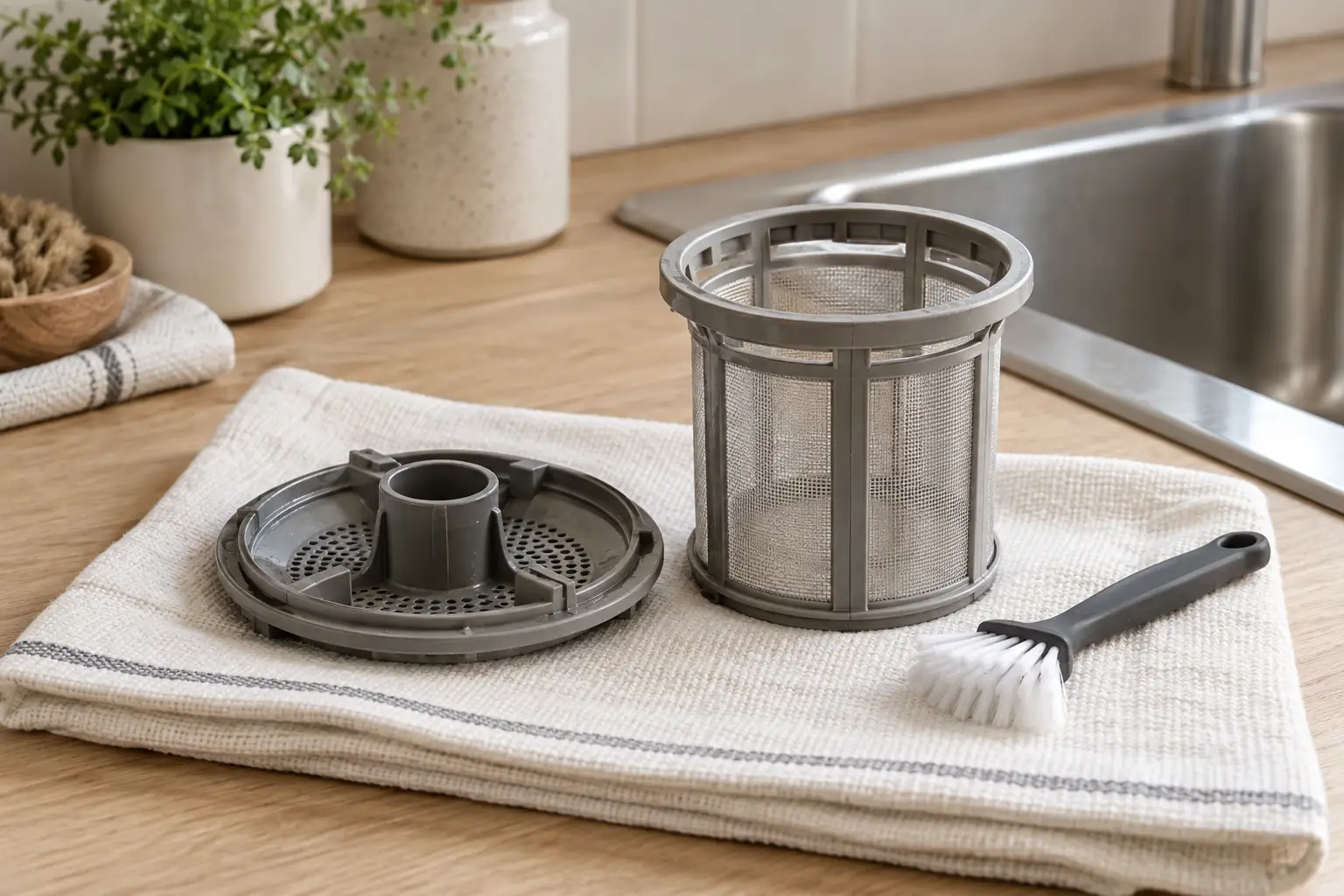 A removable dishwasher mesh filter and a soft cleaning brush beside a kitchen sink.