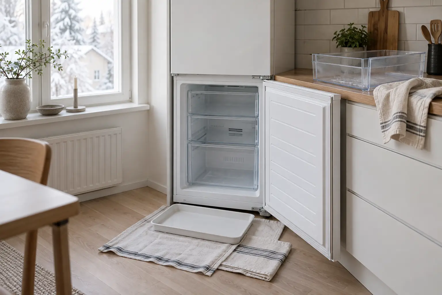 An open empty upright freezer with a removed clear drawer, a shallow tray and towels protecting the floor.