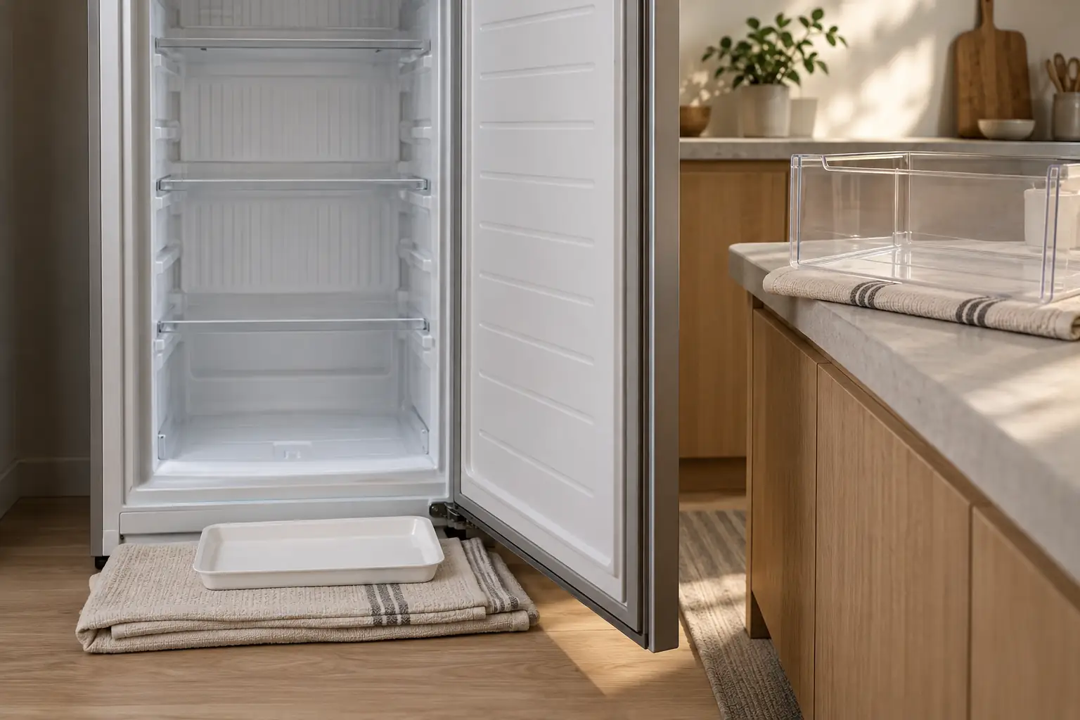 A shallow meltwater tray on folded towels at the base of an open freezer.