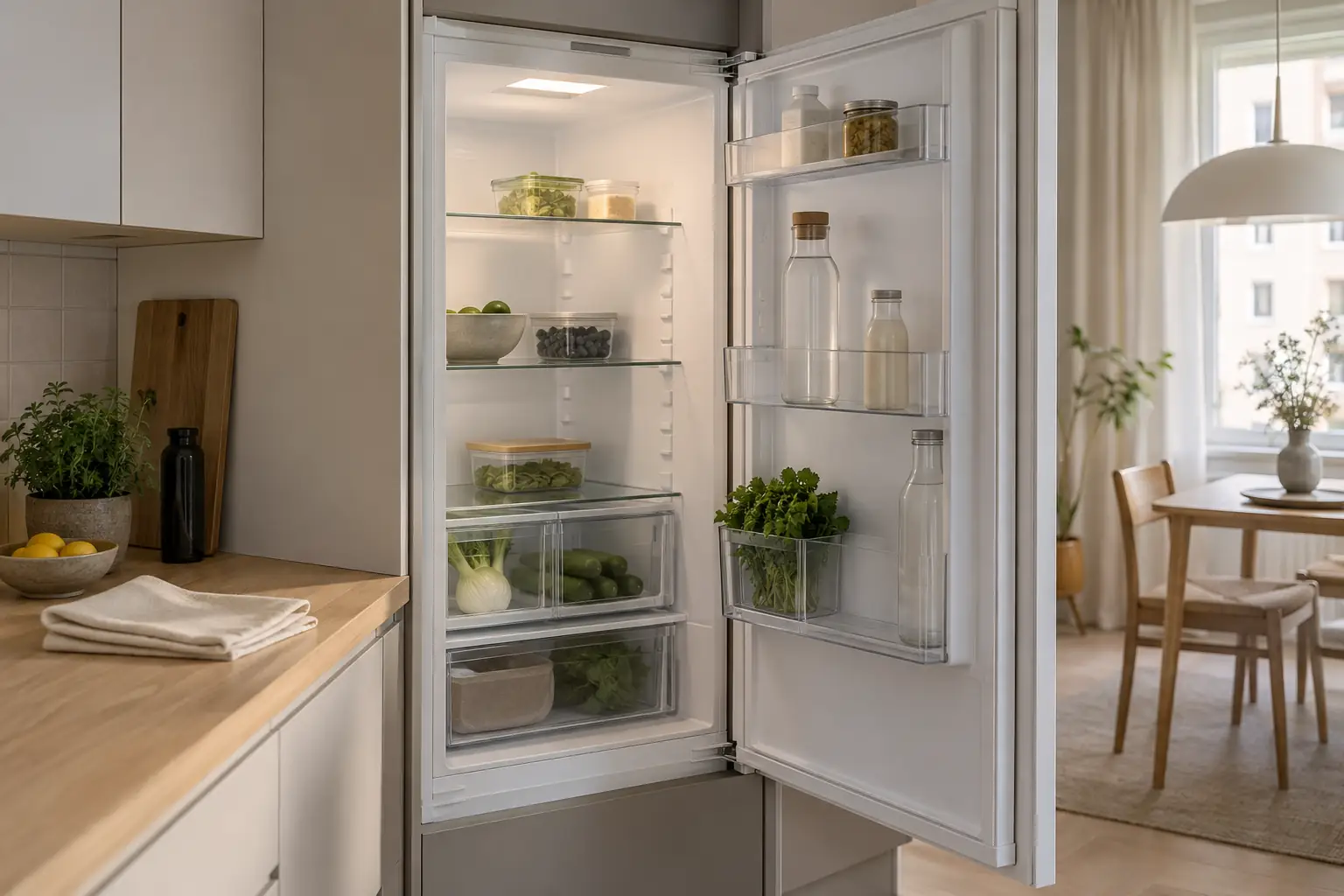 An open refrigerator with glass shelves and food containers in a warm Finnish apartment kitchen.