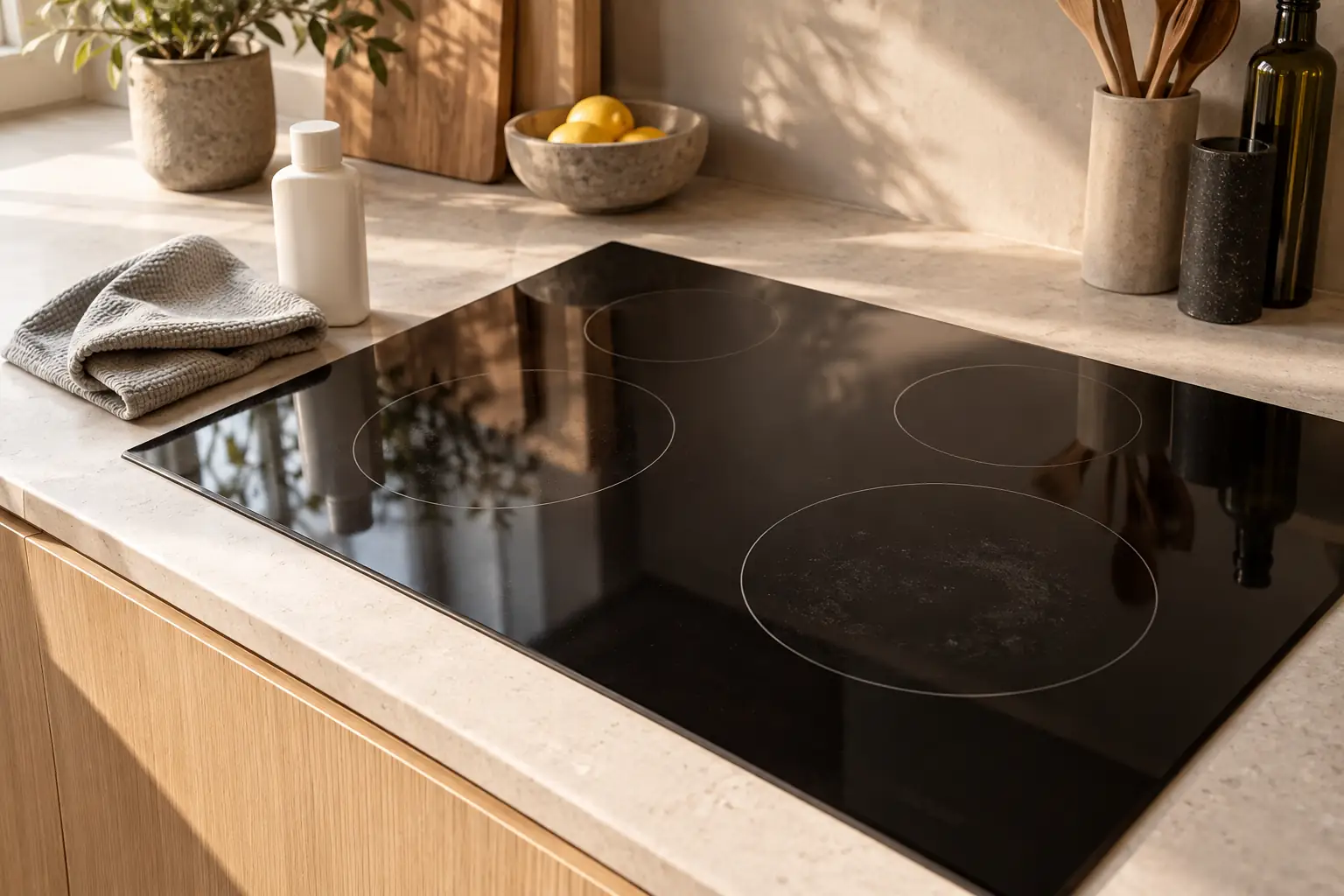 A cool black glass induction hob beside a folded cloth and plain bottle on a pale stone counter.