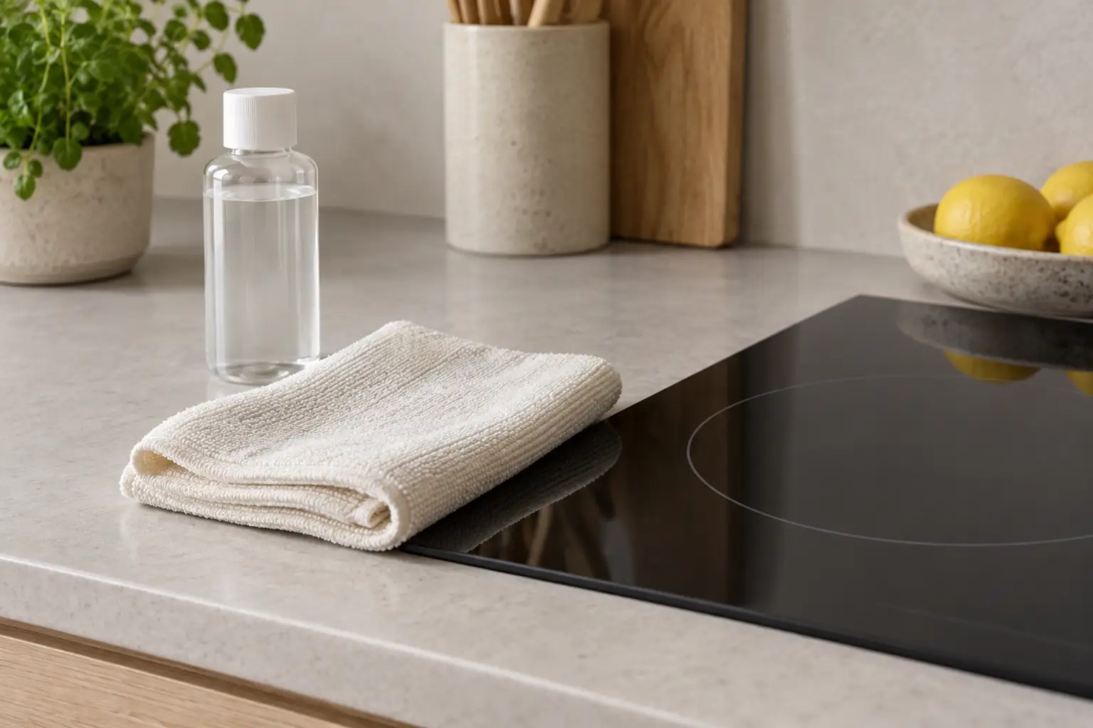A cream microfiber cloth beside a switched-off black glass cooking surface.