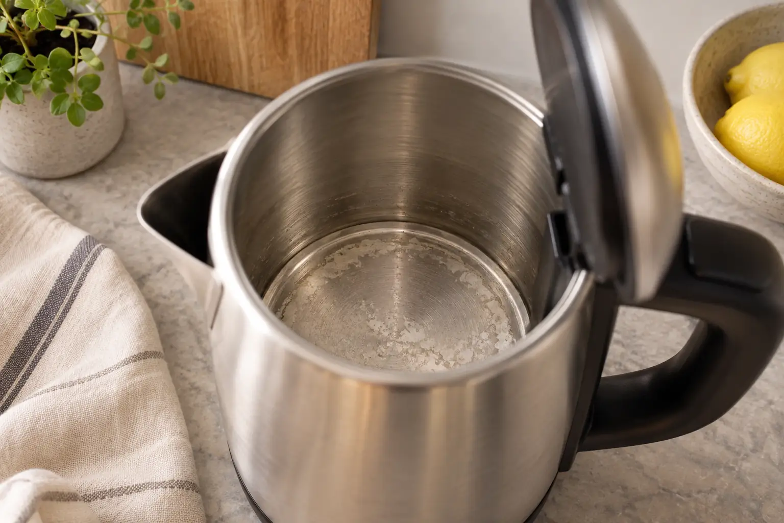 Pale limescale visible inside an open stainless steel kettle