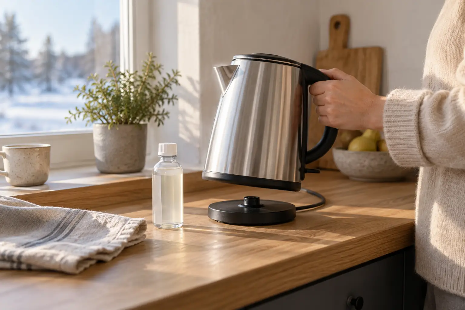 Stainless steel kettle lifted off its dry electrical base