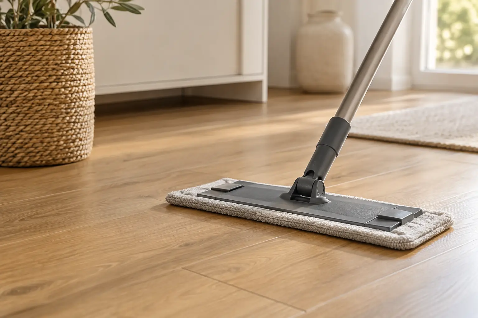 A clean flat microfiber mop head resting on laminate boards with intact joints.