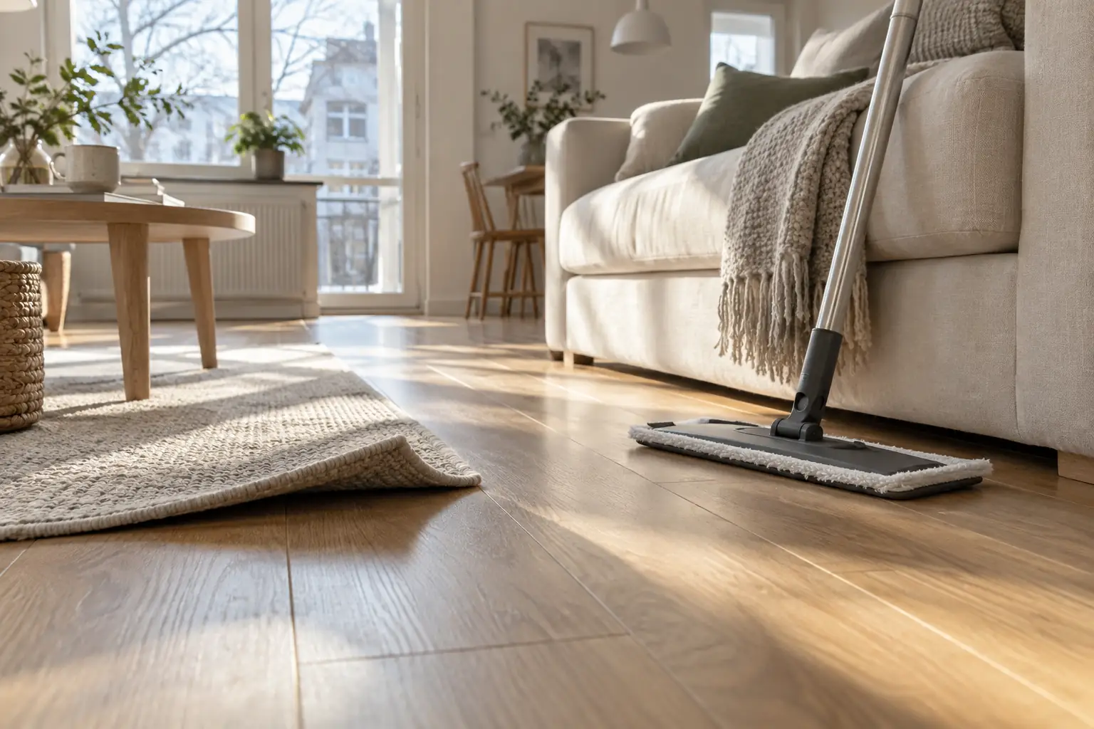 Honey-coloured wood-look laminate flooring in a Finnish living room with a flat microfiber mop.