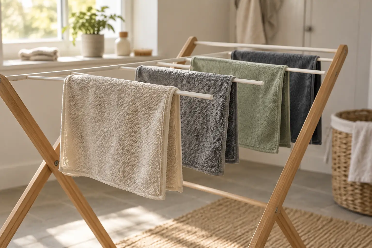 Separate microfiber cloths hanging open on a drying rack