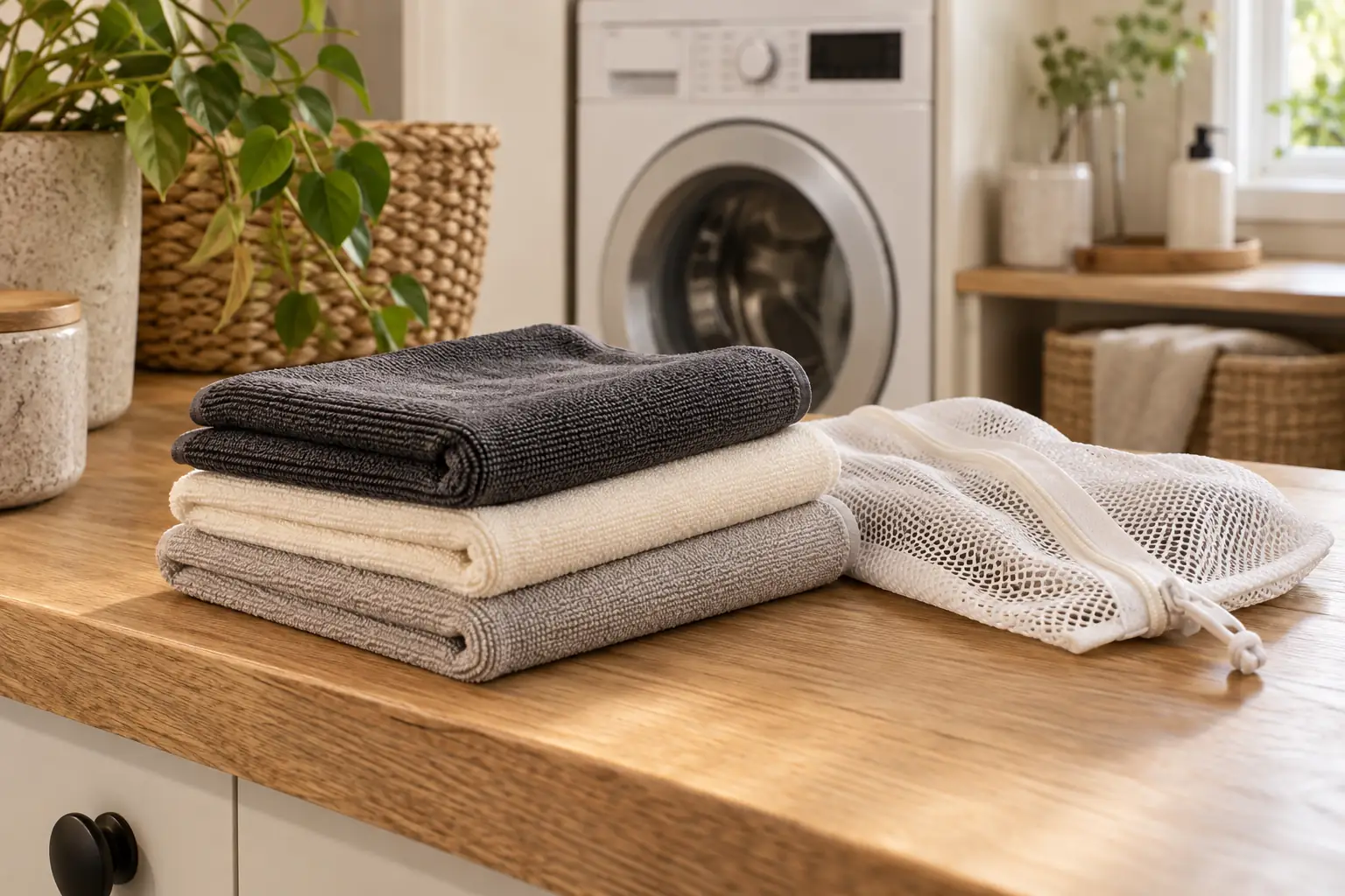 Folded microfiber cloths and a mesh laundry bag beside a washing machine