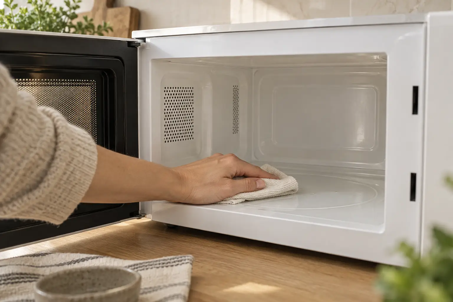 A hand wiping the cool microwave cavity with a soft cloth