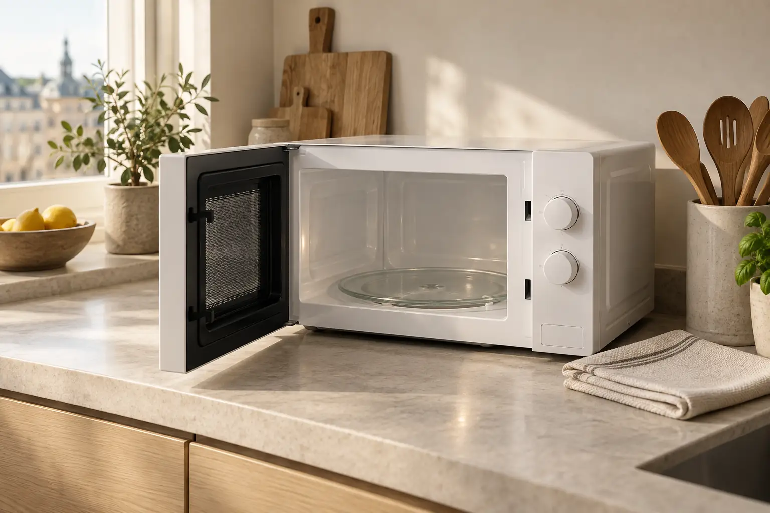 Open white microwave with a glass turntable and folded cloth