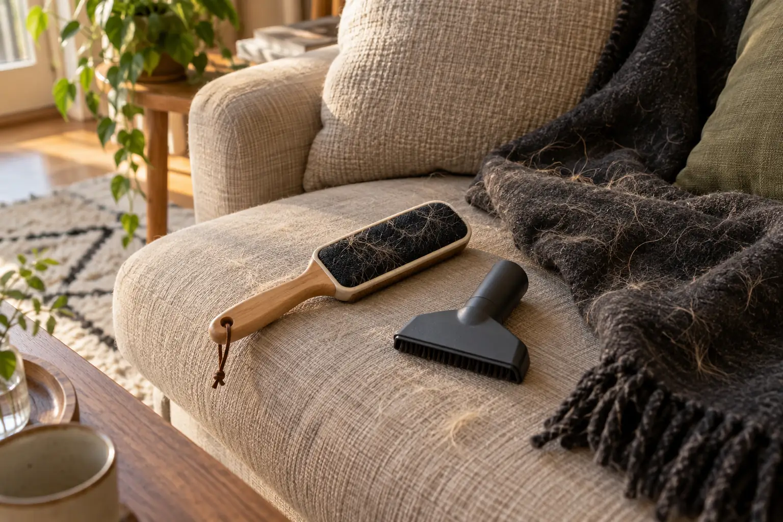 A lint brush and an upholstery vacuum attachment beside a fabric cushion and throw.