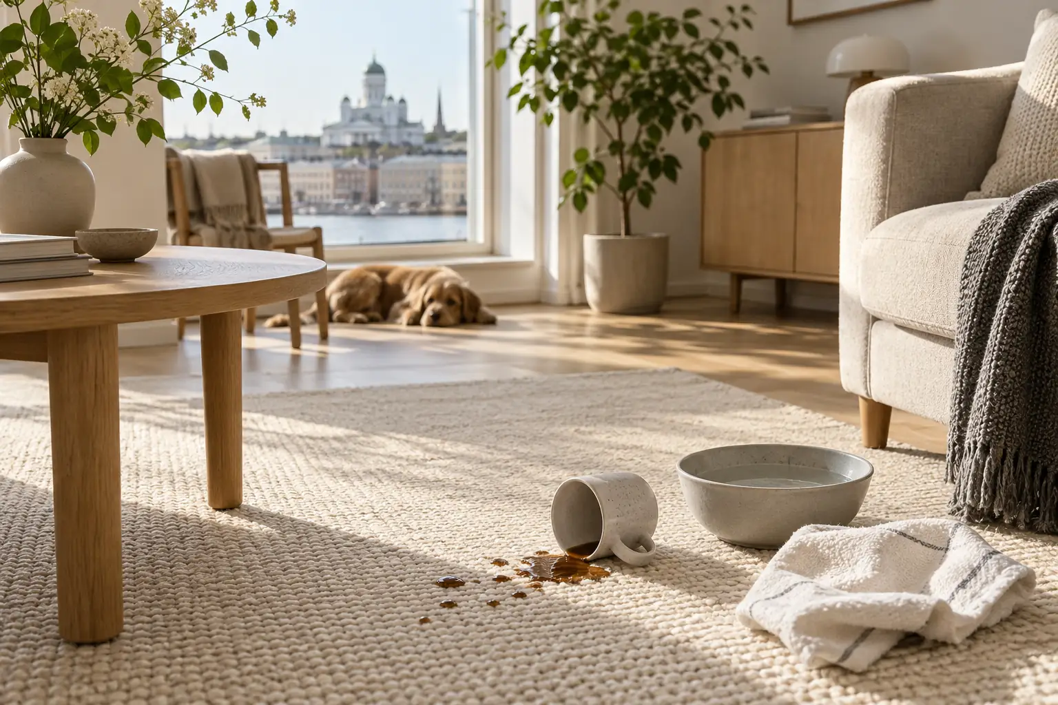 Small coffee spill on a pale woven rug beside a white cloth