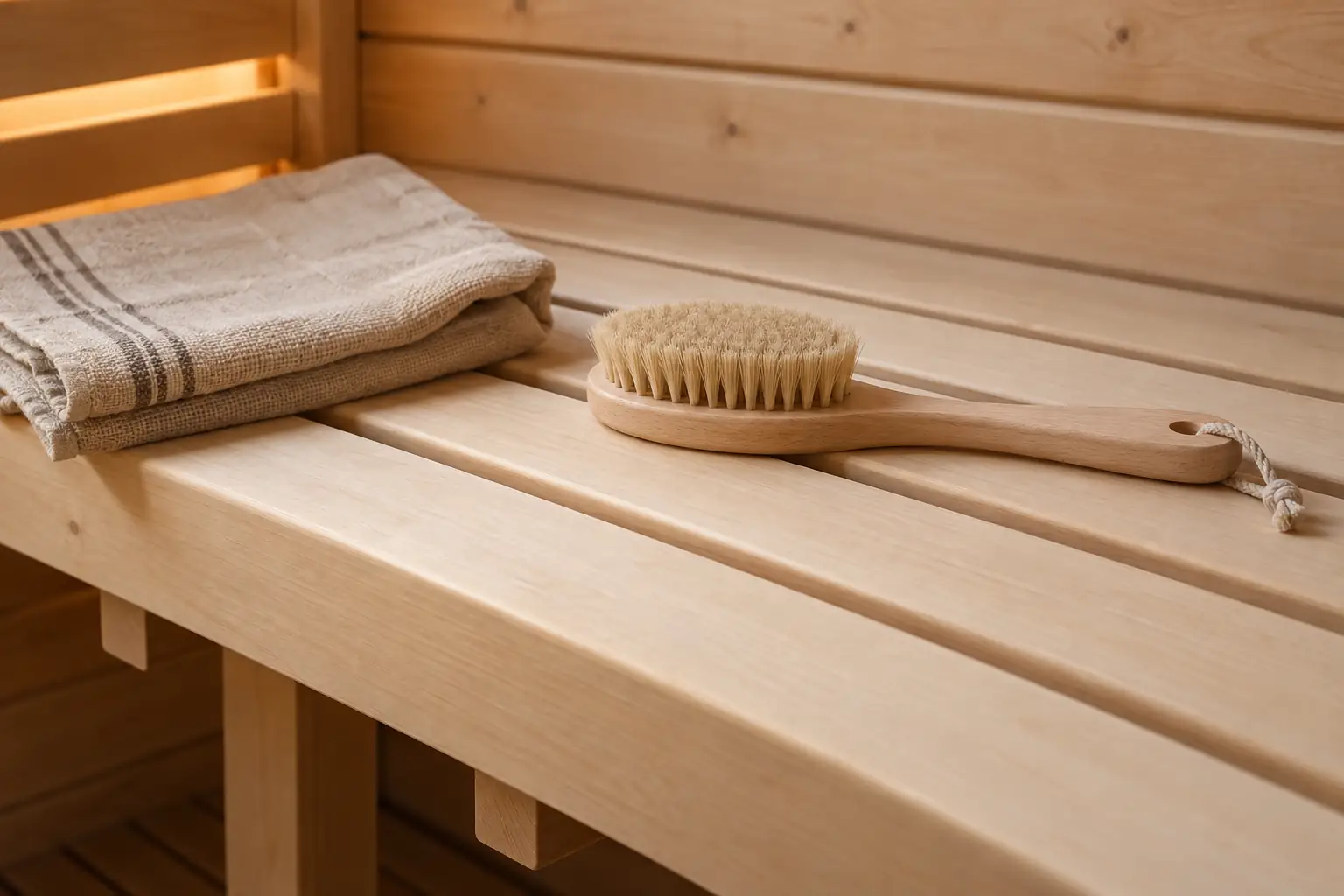 Dry sauna bench slats with a soft wooden brush and a folded cotton seat towel.