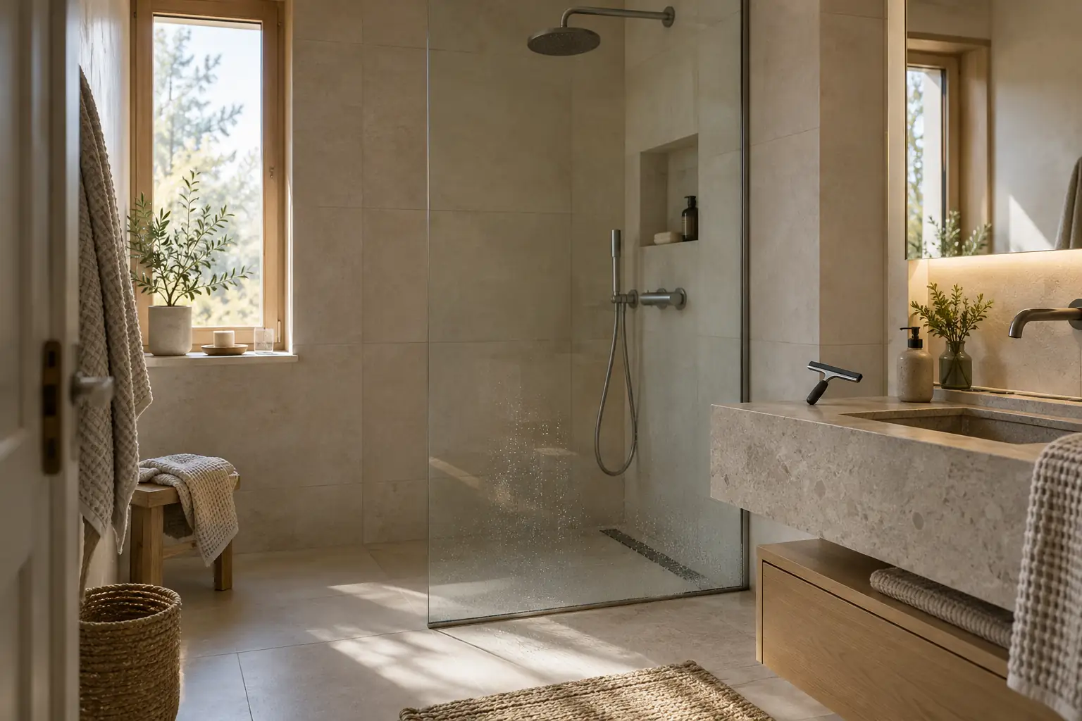 A glass shower panel with light water marks in a cream-tiled bathroom, with a squeegee on a dry ledge.