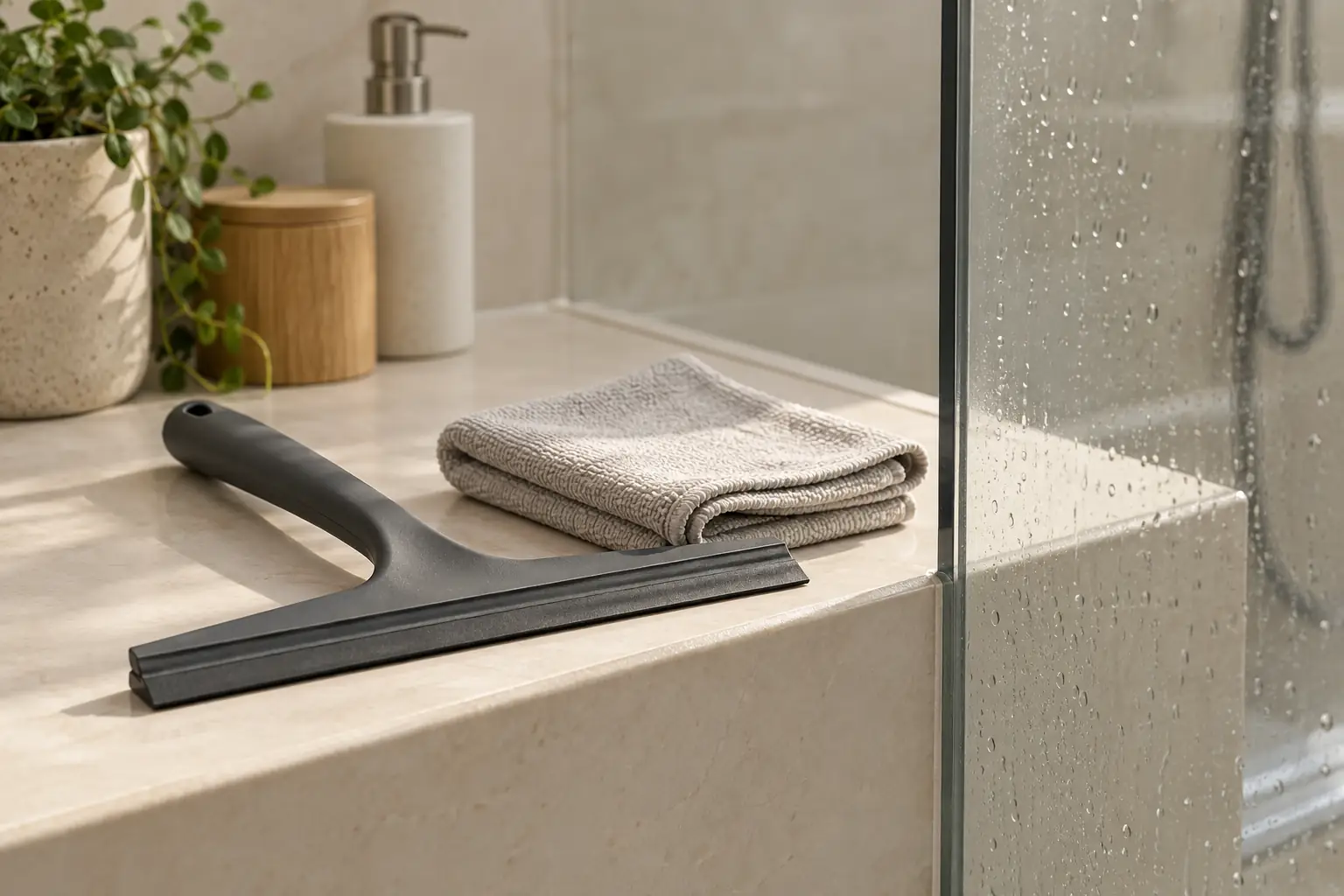 A rubber shower squeegee and folded cloth beside clear glass with fine water droplets.