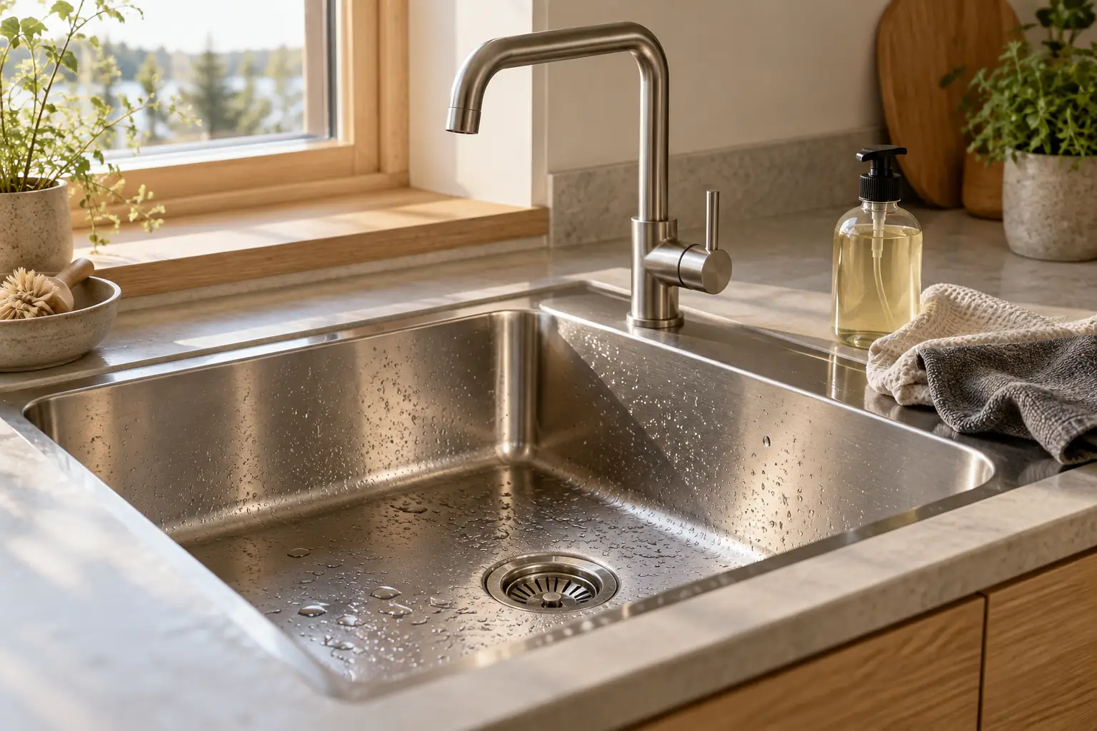Plain brushed stainless-steel sink in a sunlit kitchen
