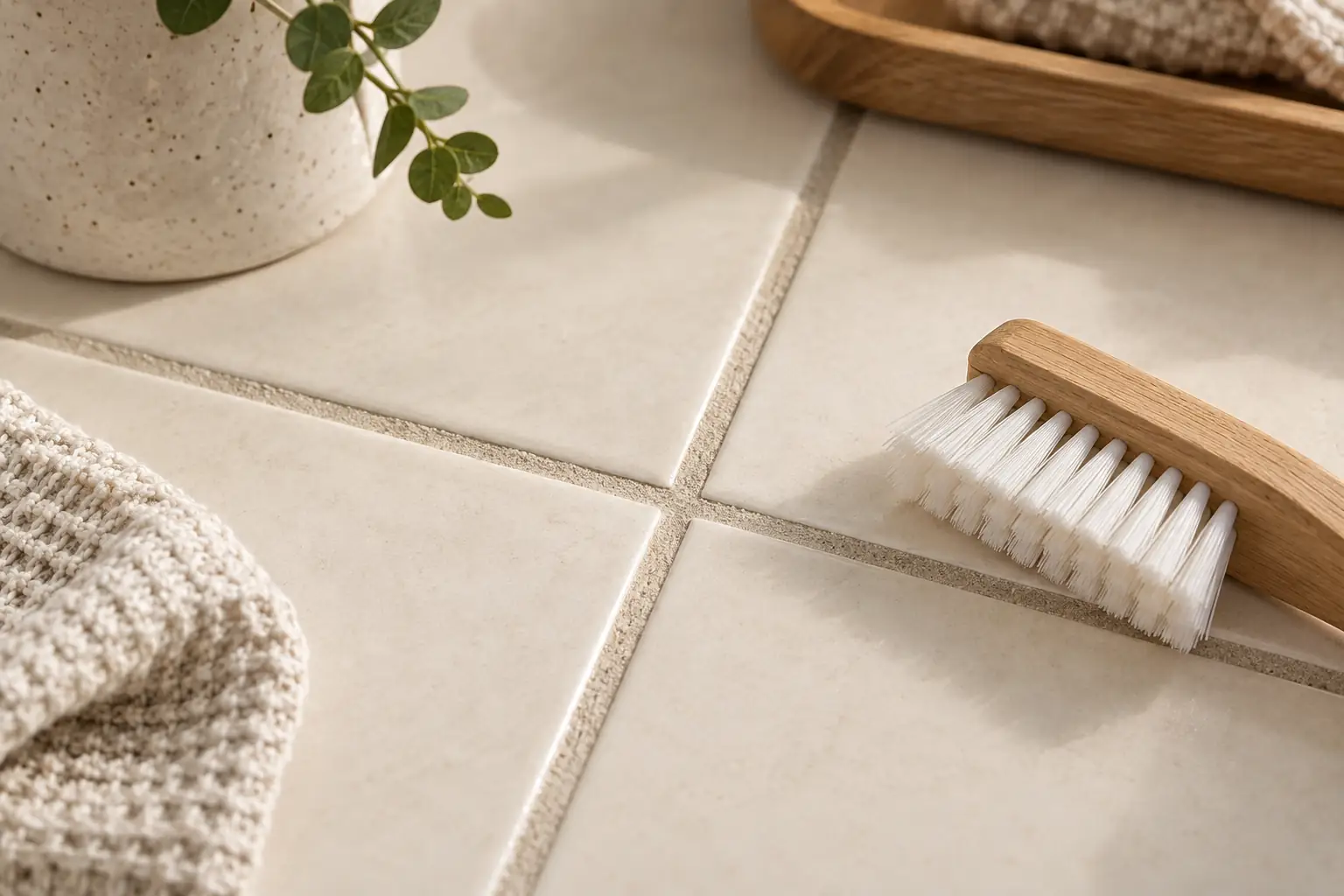 A soft nylon brush beside an intact grout intersection between cream ceramic tiles.