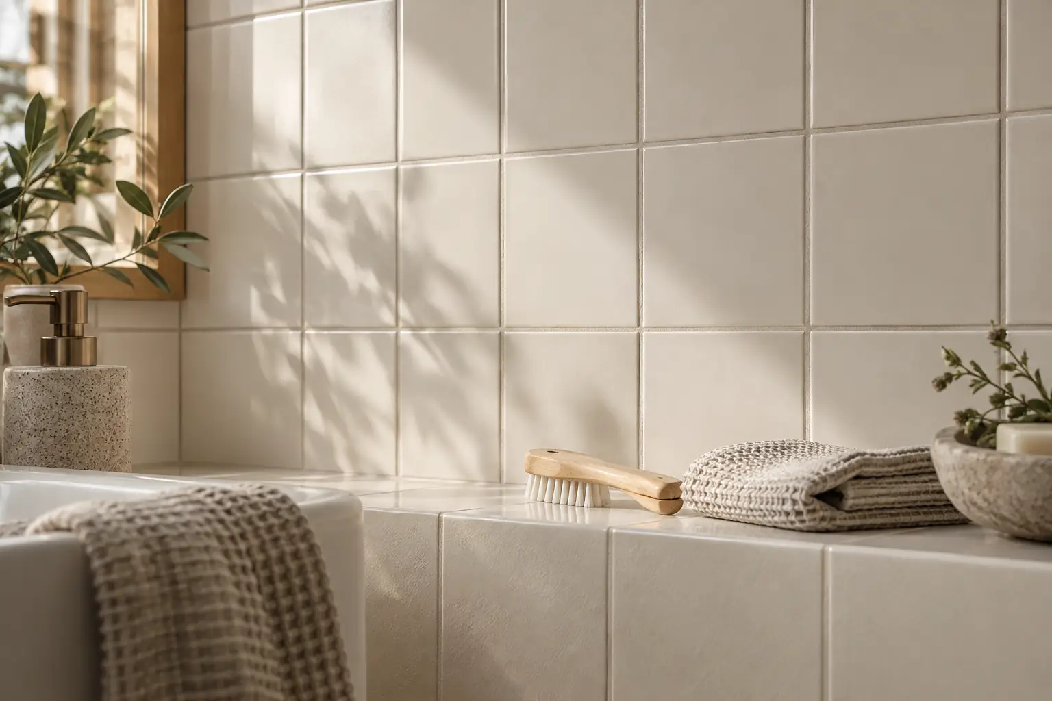 Cream ceramic bathroom tiles with intact grout lines and a soft brush on a dry ledge.