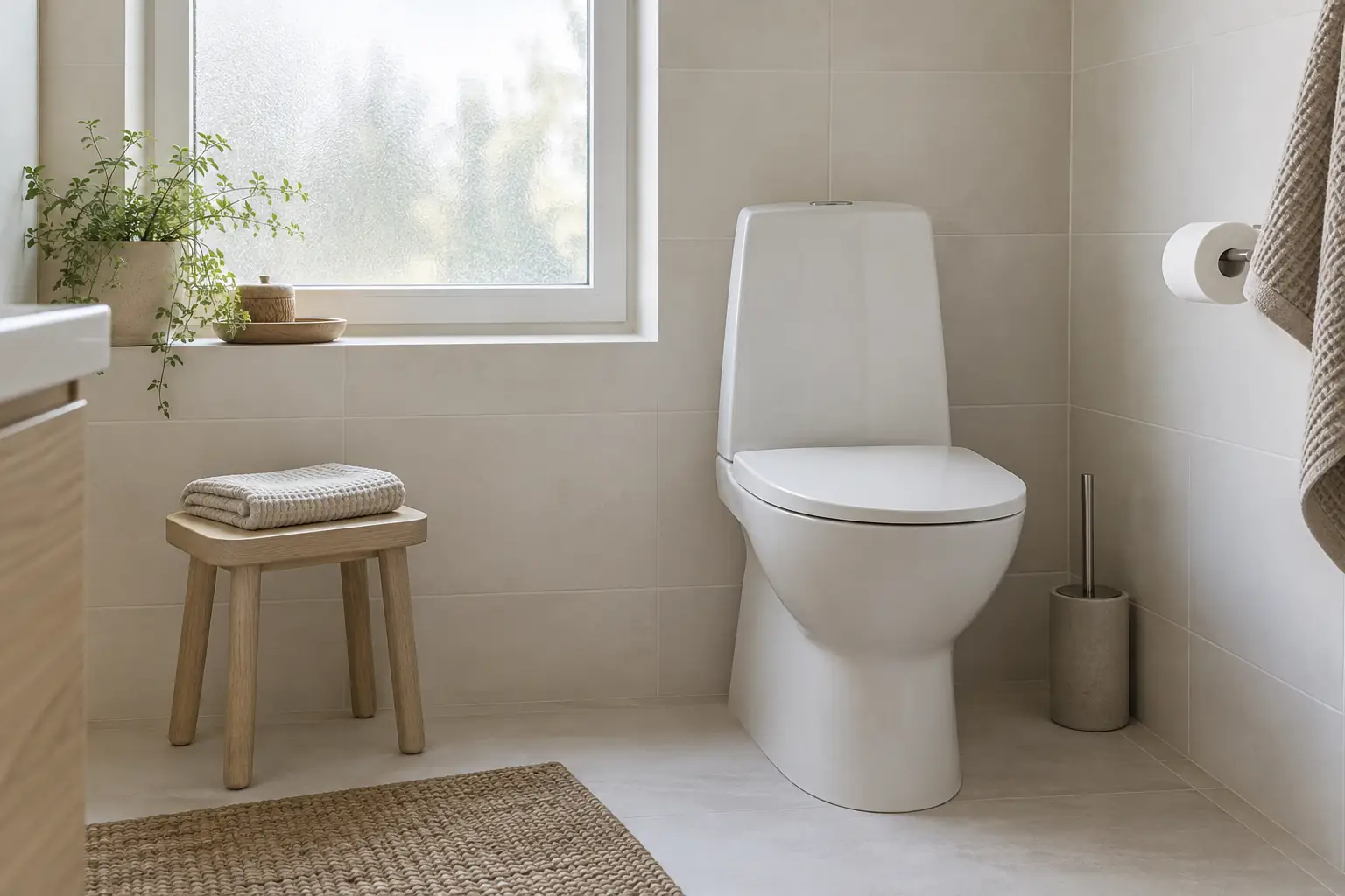 A closed white toilet in a bright cream-tiled Finnish bathroom with a brush holder nearby.