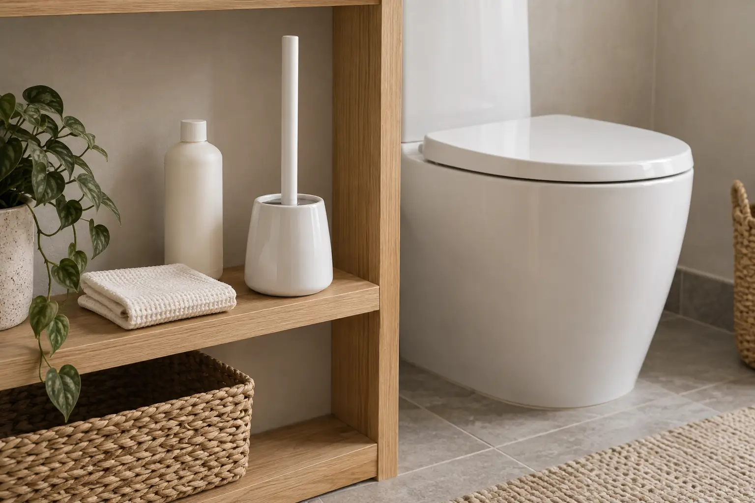 A toilet brush in its holder beside a separate folded cloth and plain bottle on a dry shelf.