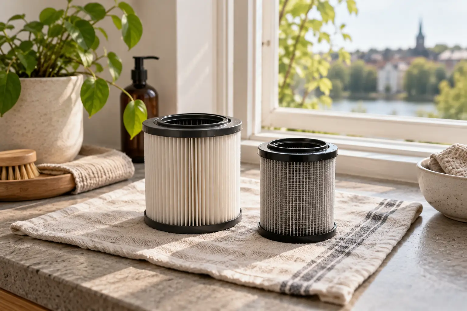 Removed vacuum filters standing on a clean cloth to air dry