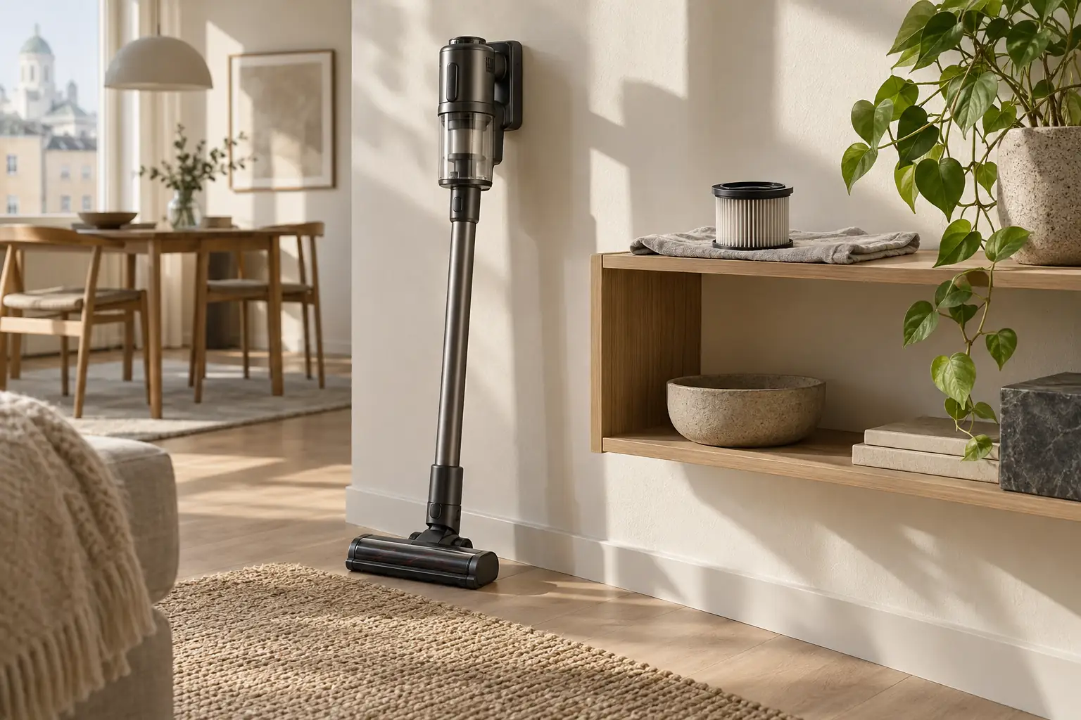 Cordless vacuum beside a removed filter on a drying cloth