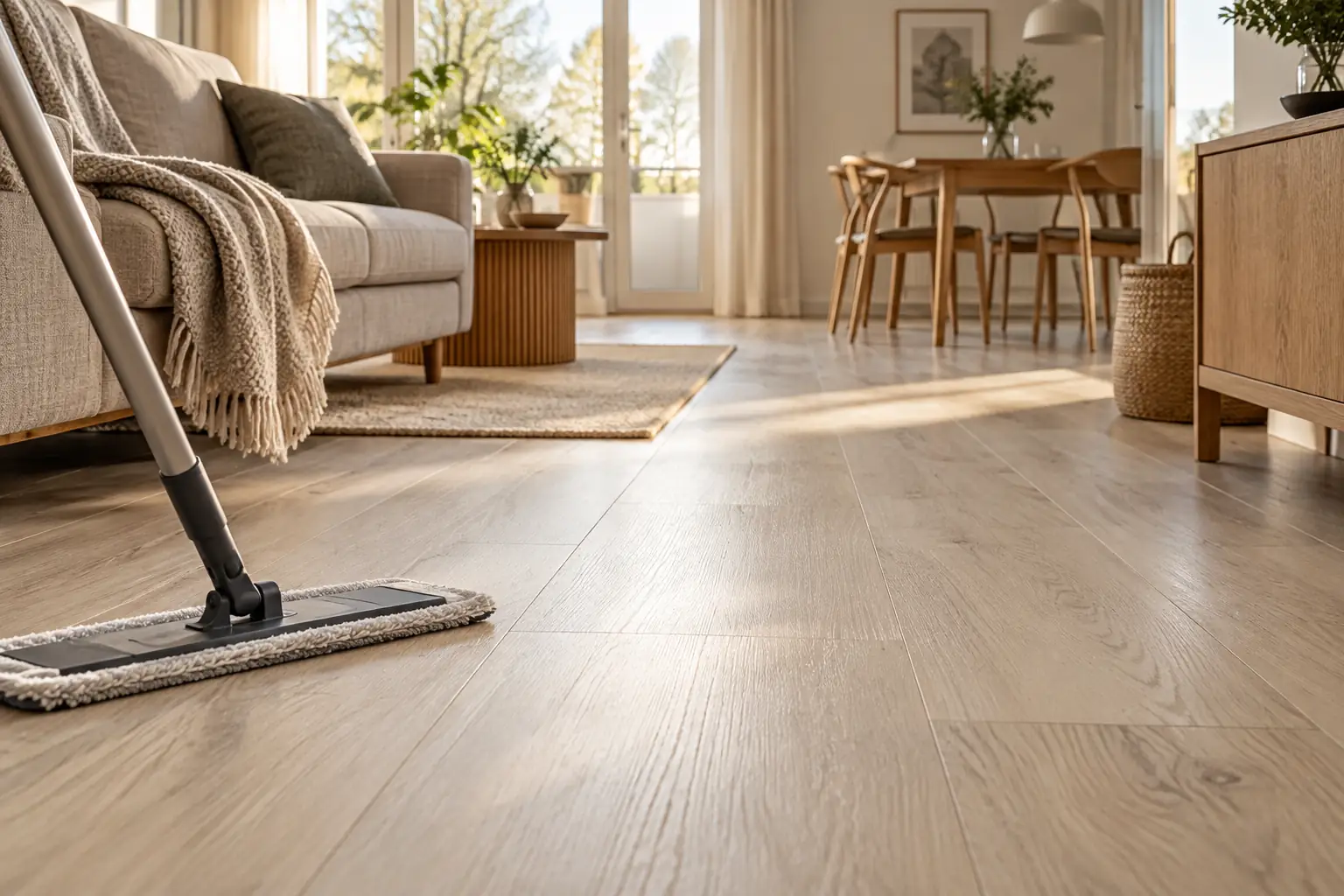 A flat microfiber mop beside pale wood-look vinyl planks