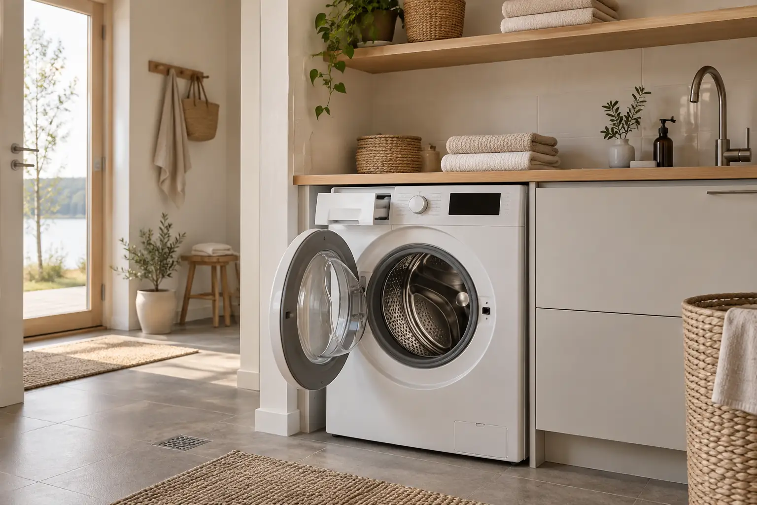 A white front-loading washing machine with an open door in a warm Finnish utility nook.