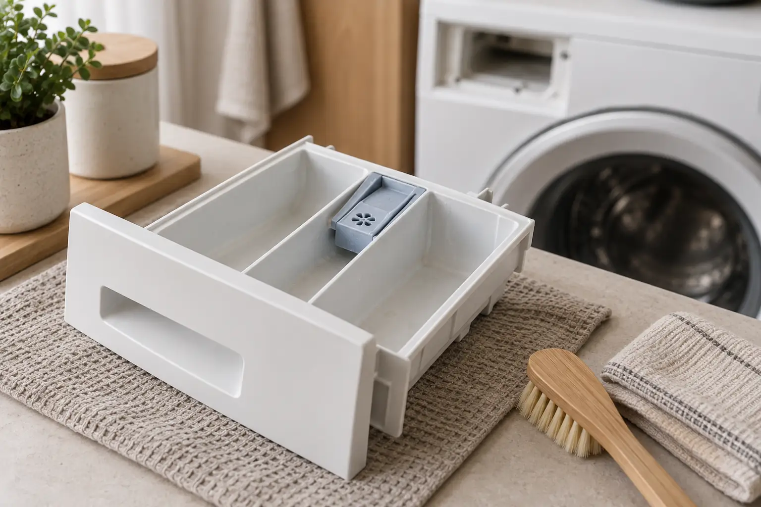 A removable washing-machine detergent drawer, a soft brush and a folded cloth on a protected counter.