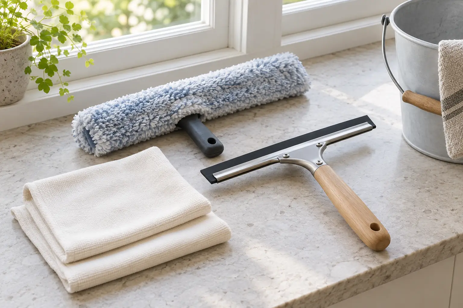 A rubber squeegee, soft window washer, cloths and a bucket beside a window.