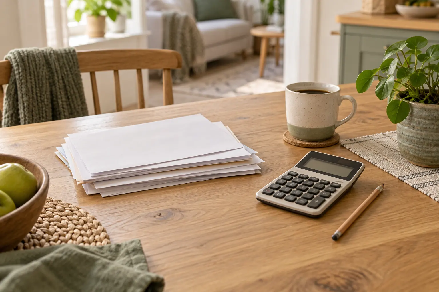 Illustrative coffee, paperwork and calculator on a Nordic kitchen table
