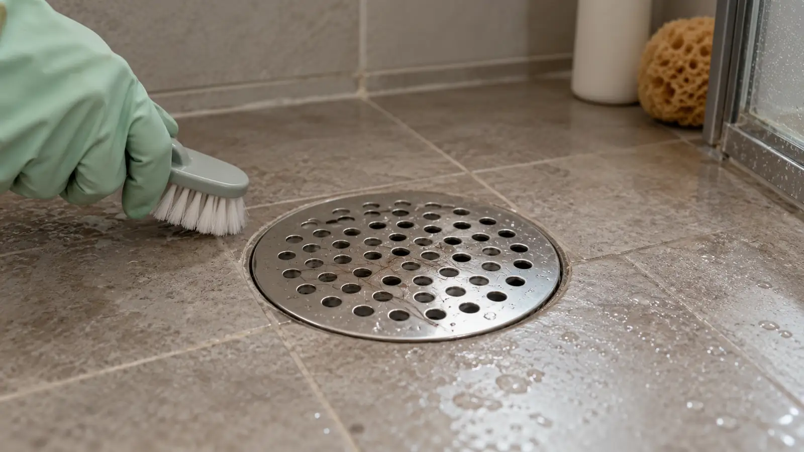 Hair caught on a shower floor-drain cover beside a small brush.