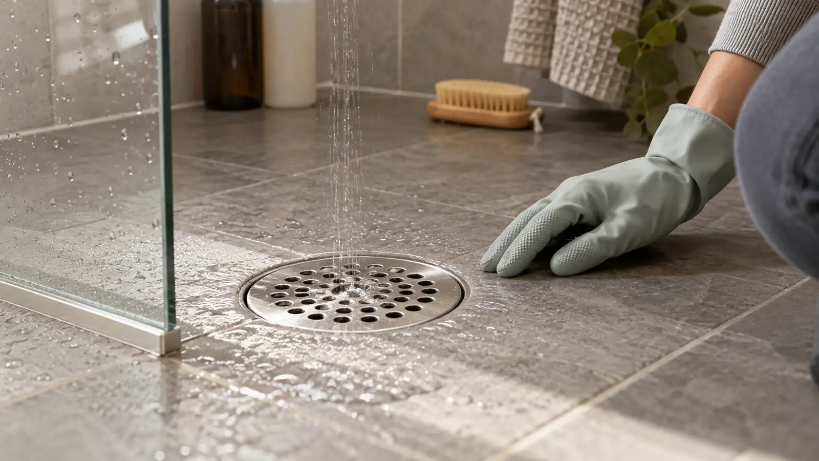 Water flowing through a seated shower floor-drain cover.