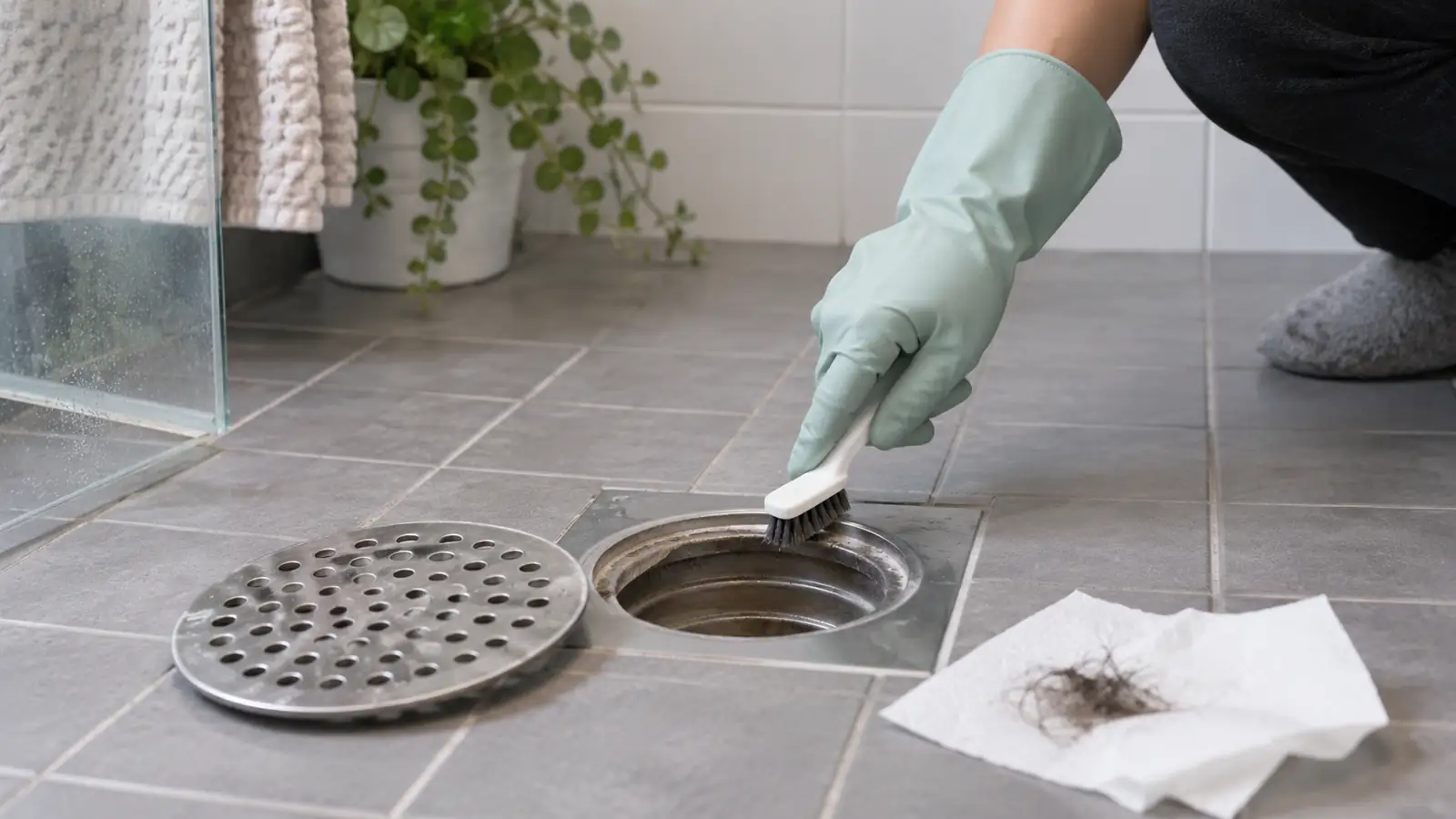 A gloved hand brushing the visible rim of a floor drain with its cover set aside.