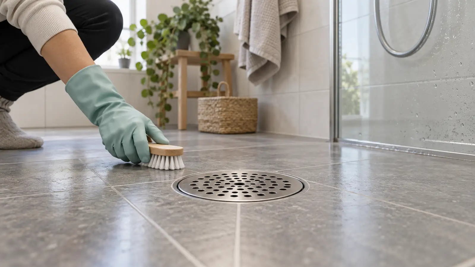 A gloved hand holding a small brush beside a bathroom floor drain.