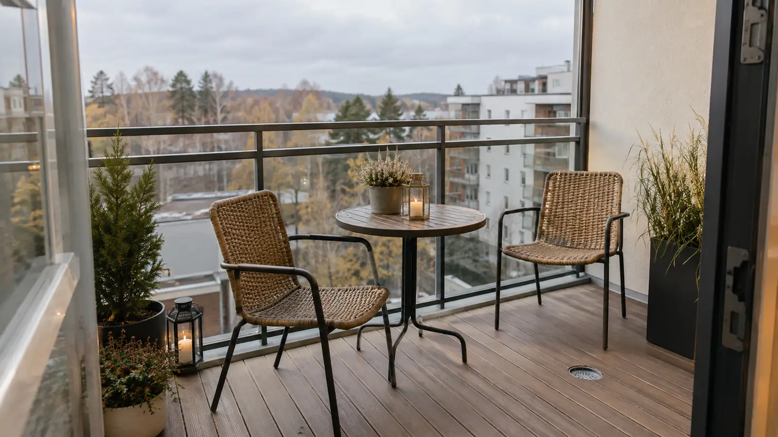 Lightweight chairs and a clear floor on an apartment balcony in autumn.