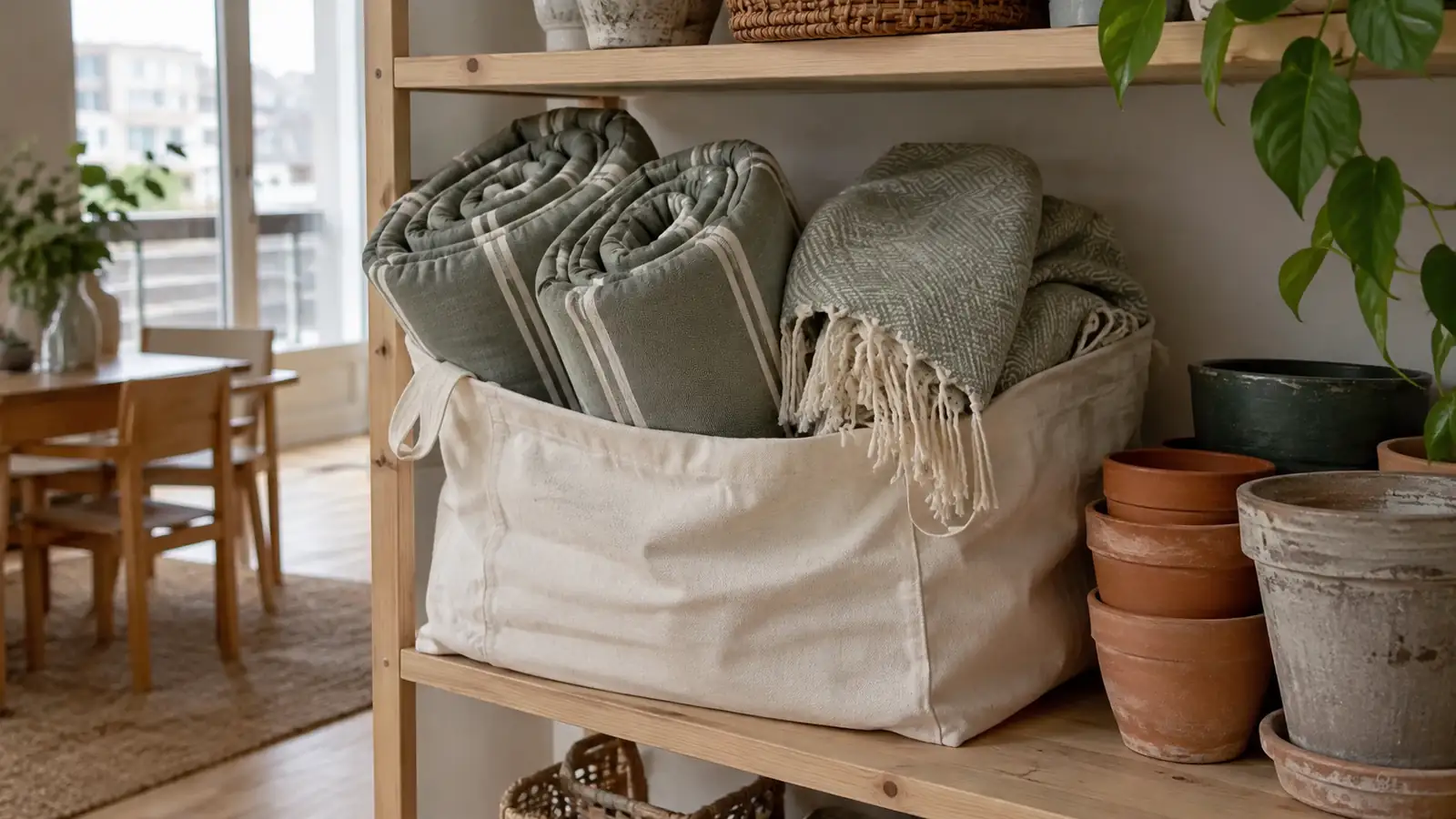 Dry rolled cushions and a throw in an open fabric storage bag indoors.