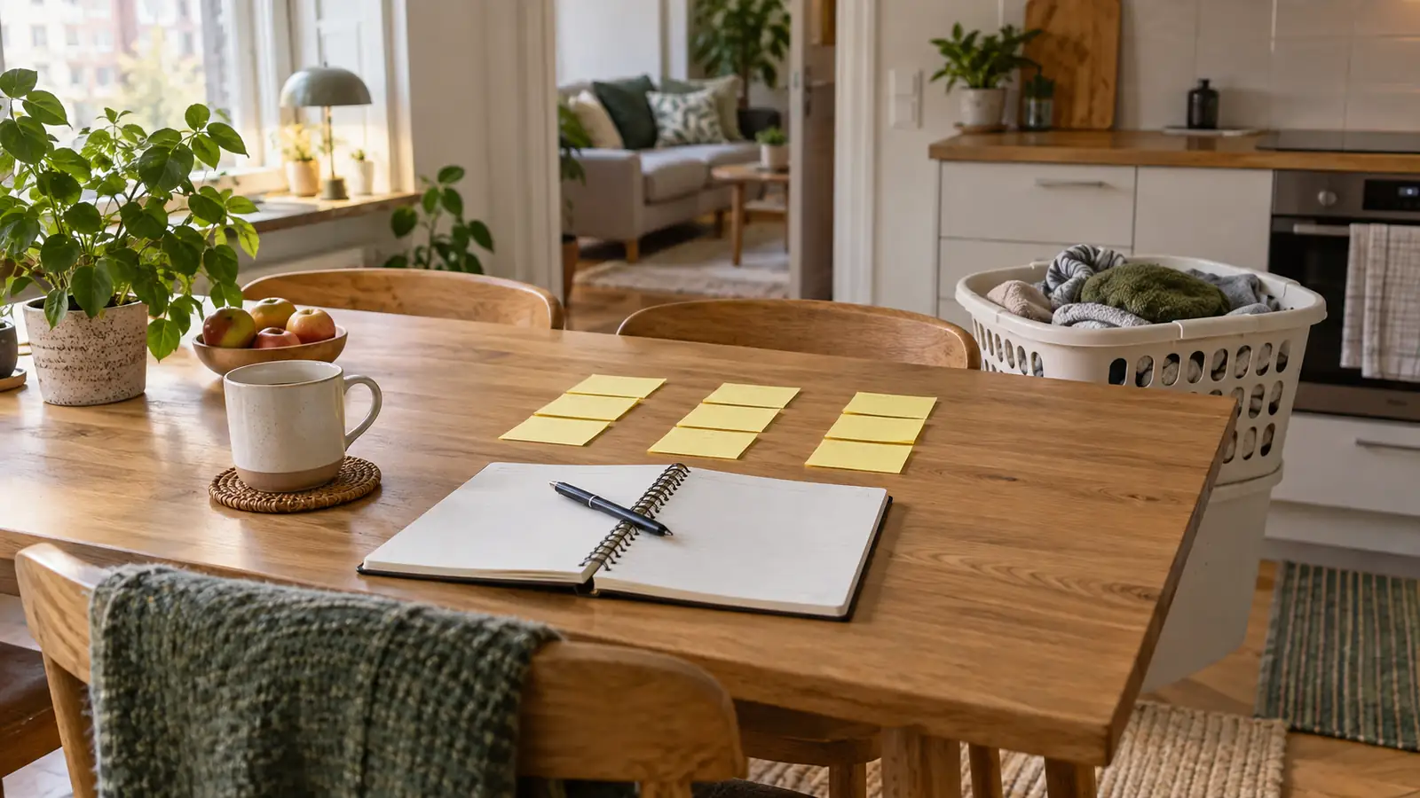 A notebook and grouped yellow task notes on a kitchen table.