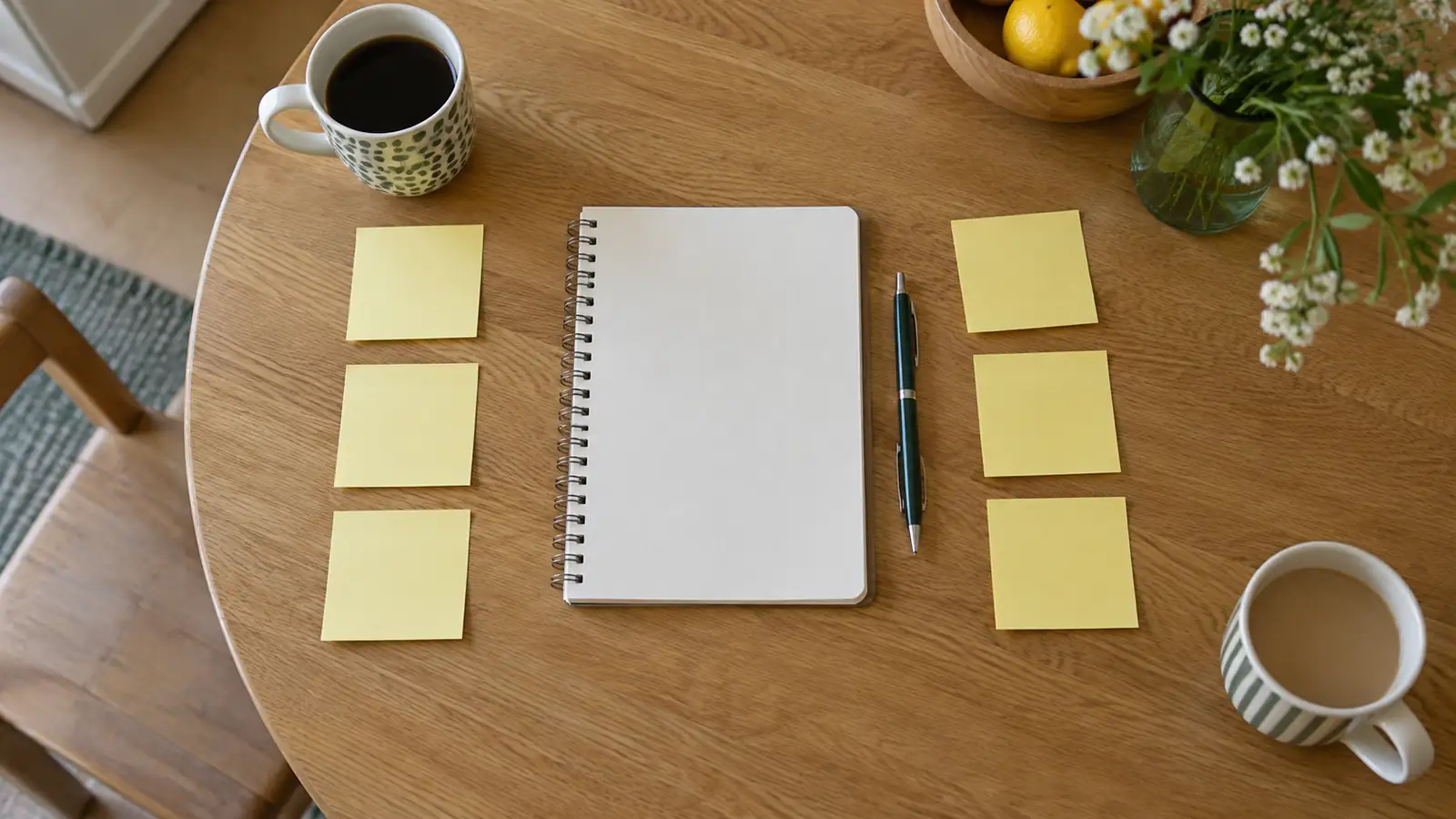 Two columns of blank task notes with a notebook and mugs.