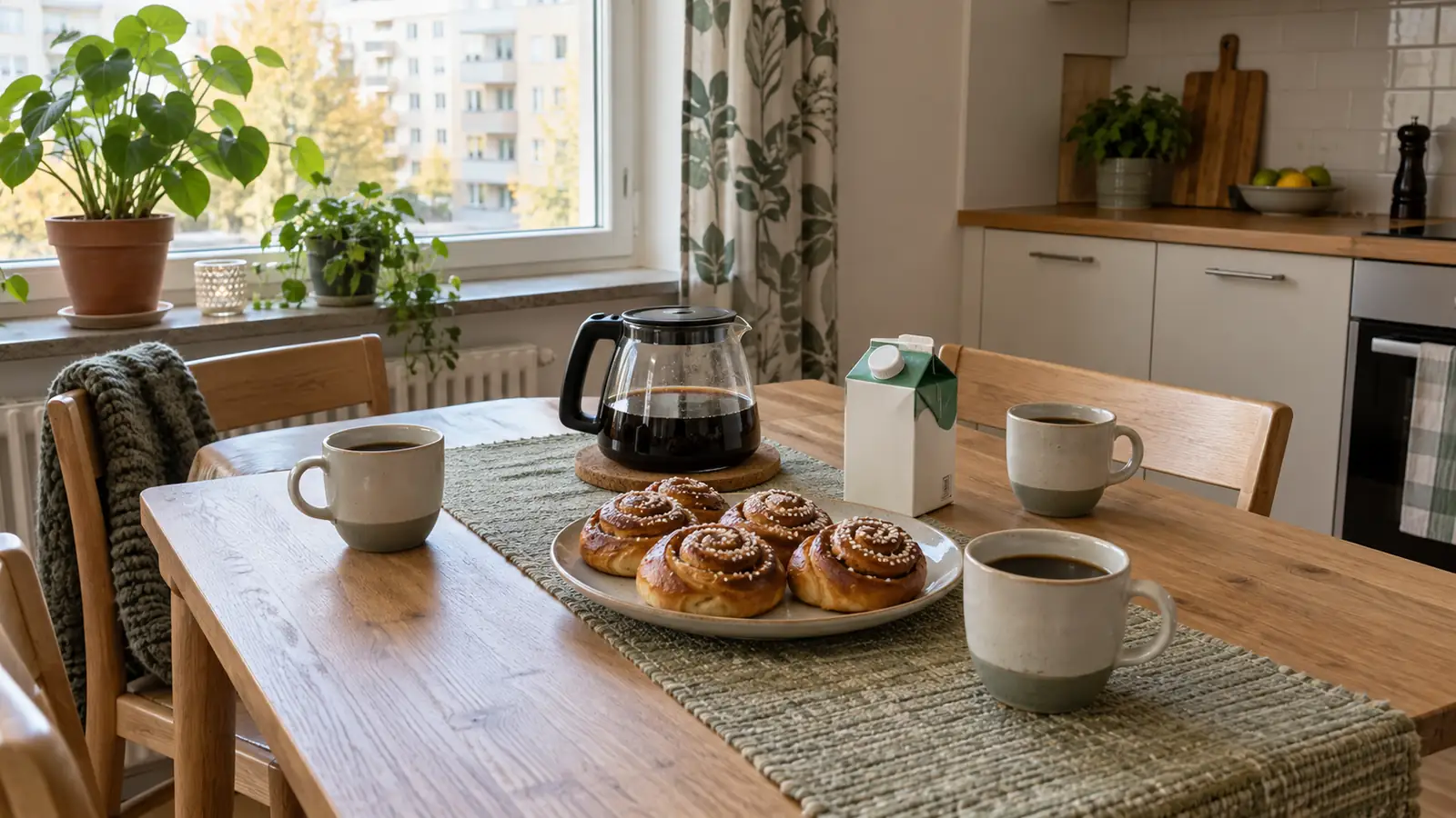 Coffee mugs, a glass coffee jug and cinnamon buns on a kitchen table.