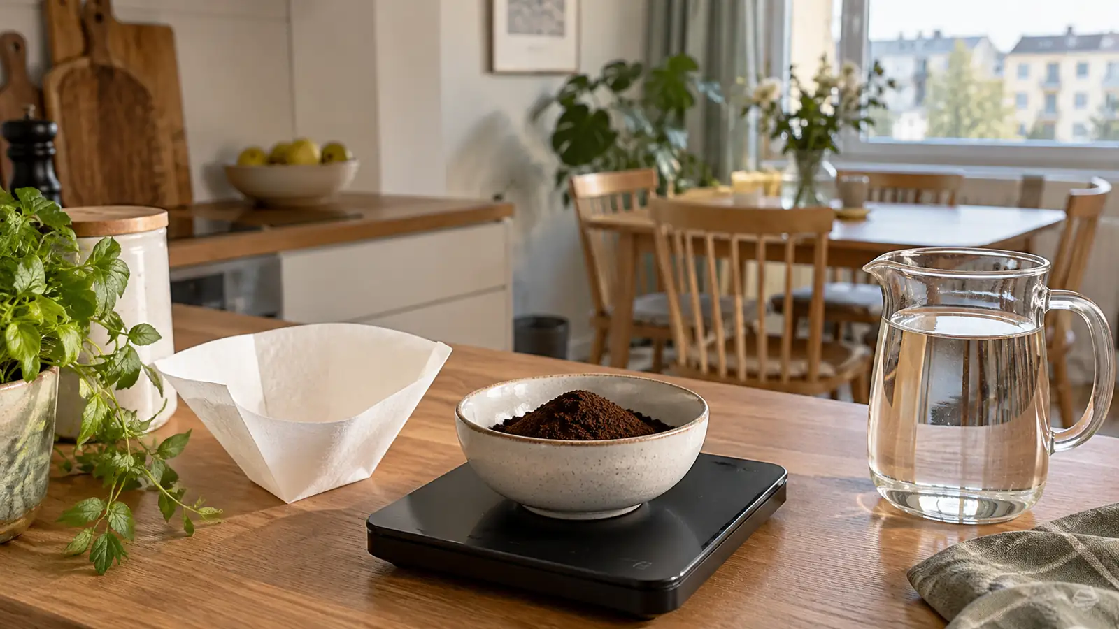 Ground coffee on a kitchen scale beside filter paper and a water jug.